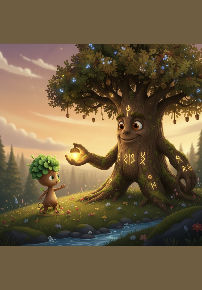 In the heart of a sun-drenched meadow, a tiny sapling named Sammy wiggled his two small leaves. He was surrounded by giants whose branches touched the clouds, making him feel very small and impatient to grow.