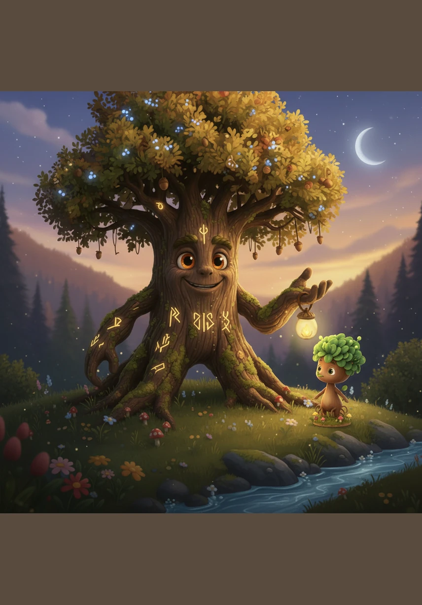 Beside Sammy stood Oliver, a majestic oak tree with a trunk as wide as a cottage and a crown of deep green. Oliver watched the little sapling's frantic stretching with a gentle, knowing rustle of his ancient leaves.