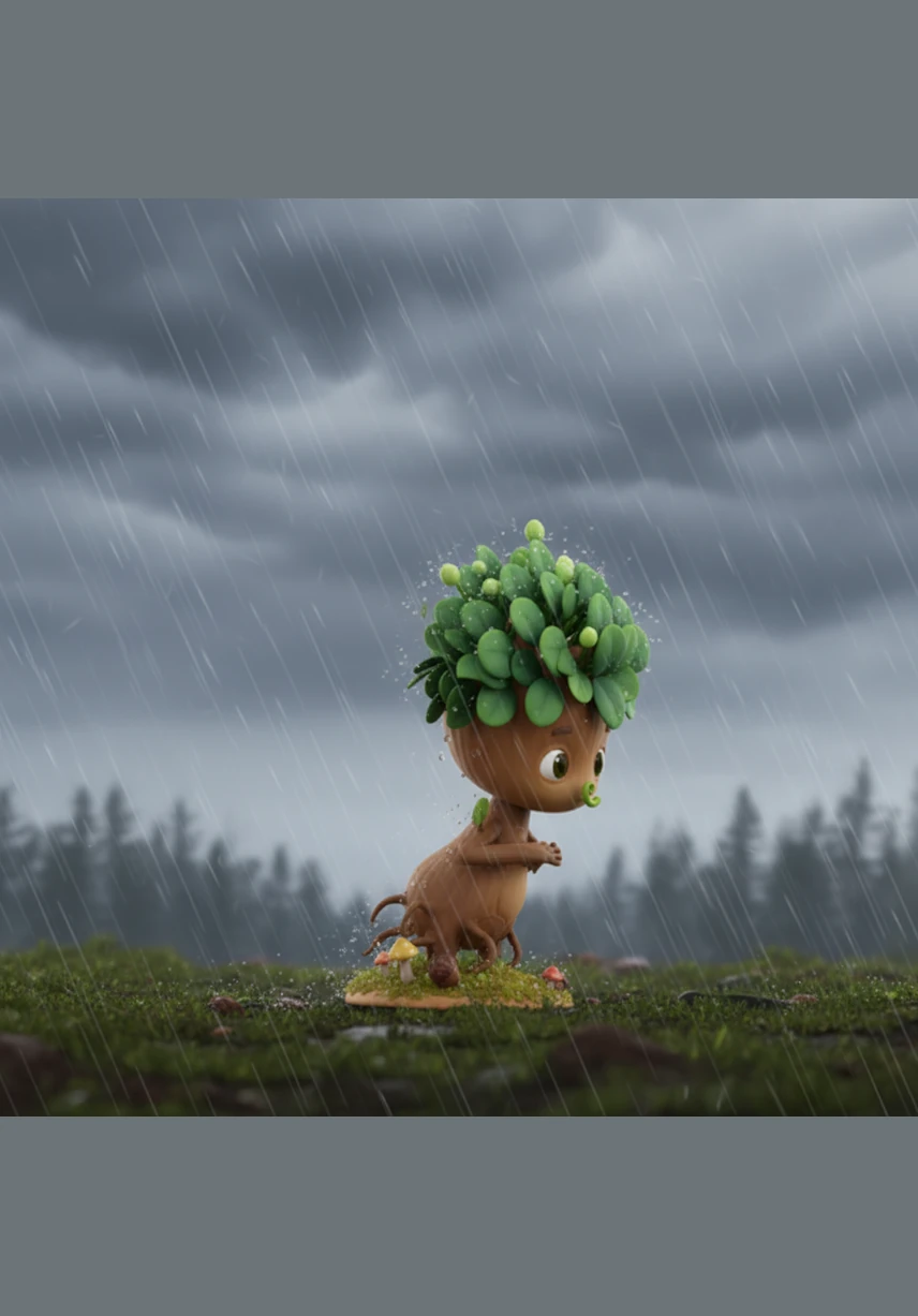 A sudden summer storm rolled in, bringing heavy gray clouds and whistling winds that bent Sammy nearly to the ground. He shivered in the cold rain, feeling fragile and afraid of the power of the sky.