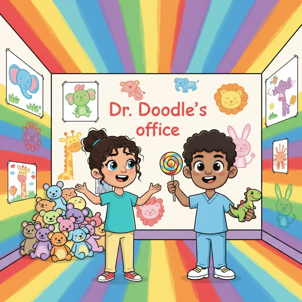 They arrived at Dr. Doodle's office, which was painted in every color of the rainbow, making it feel like a giant art project. Playful animal drawings adorned the walls, and soft, squishy toys were piled high in a corner. The waiting room felt like a happy playground, not a stuffy clinic.