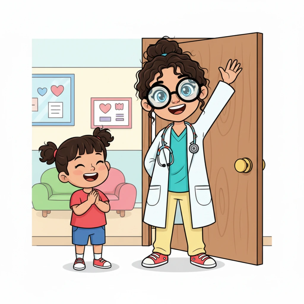 A door swung open, and out popped Dr. Doodle, a tall, friendly doctor with a bright smile and glasses that perched comically on her nose. She had a big, welcoming wave and asked Lily, "Ready for our adventure today?" Lily giggled, feeling a little less shy and a lot more excited.