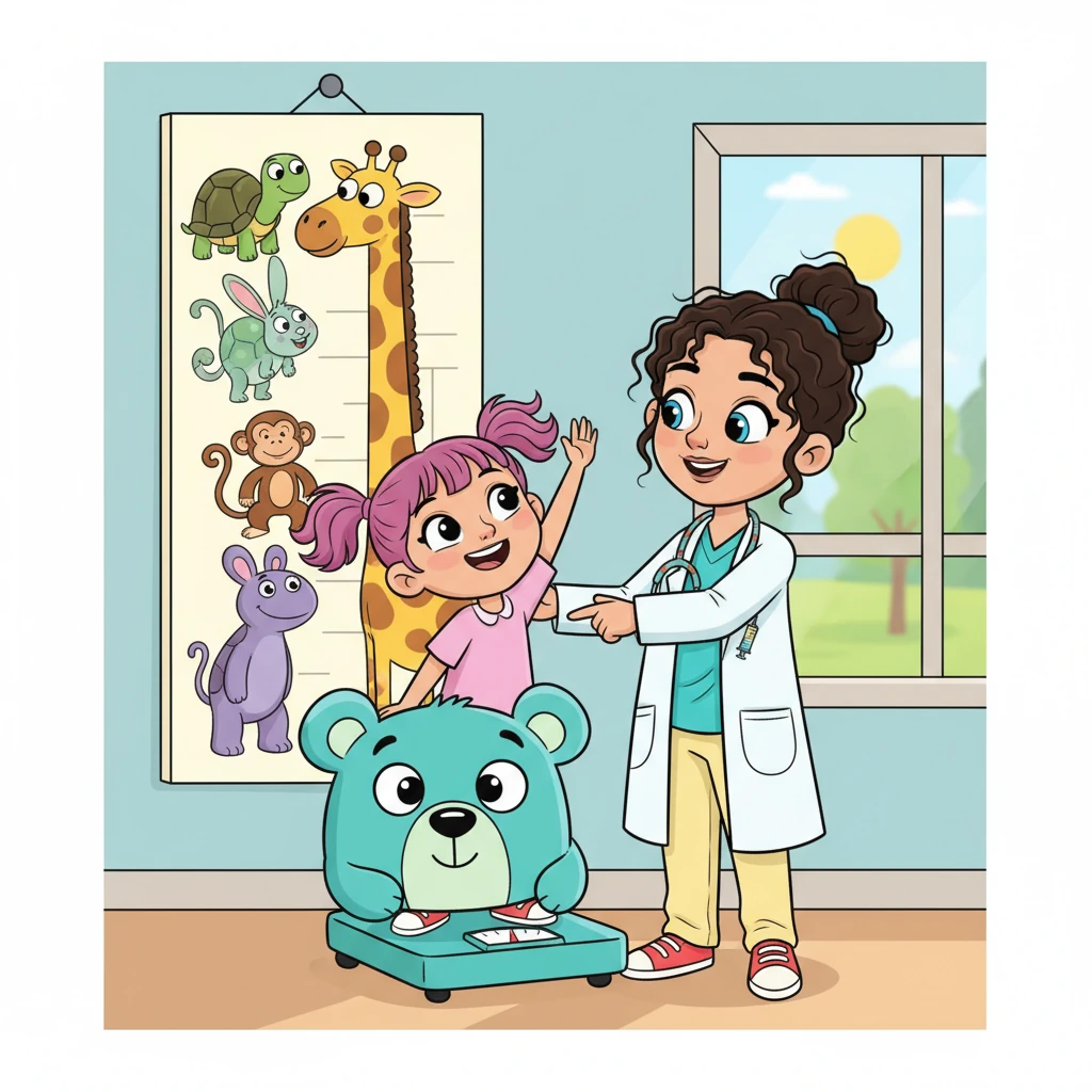 Inside the examination room, Dr. Doodle helped Lily stand on a giant, friendly scale that looked like a smiling bear. Then, she measured Lily's height against a wall chart covered in silly cartoon animals growing taller and taller. Lily stretched her neck, trying to reach the highest giraffe with a playful grin.