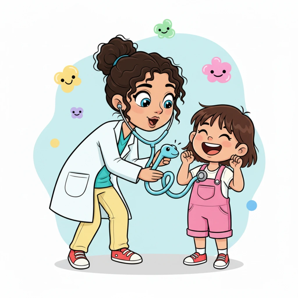 Next, Dr. Doodle pulled out a shiny stethoscope, shaped like a friendly snake ready to listen to secrets. She placed the cool disc on Lily's chest, listening intently, then made a funny "thump-thump-swoosh" sound with her mouth. Lily laughed, her chest tickling slightly from the silly imitation.