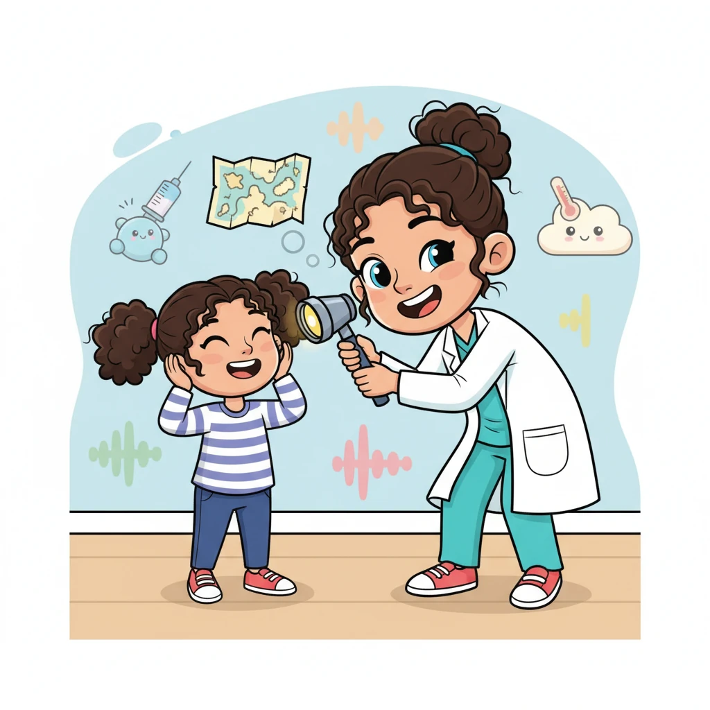 With a tiny, glowing light, Dr. Doodle peeked into Lily's ears, pretending to search for a hidden treasure map inside. "Aha!" she exclaimed, winking playfully, "Looks like we found two perfectly healthy listening posts!" Lily wiggled her ears, delighted by the fun game.
