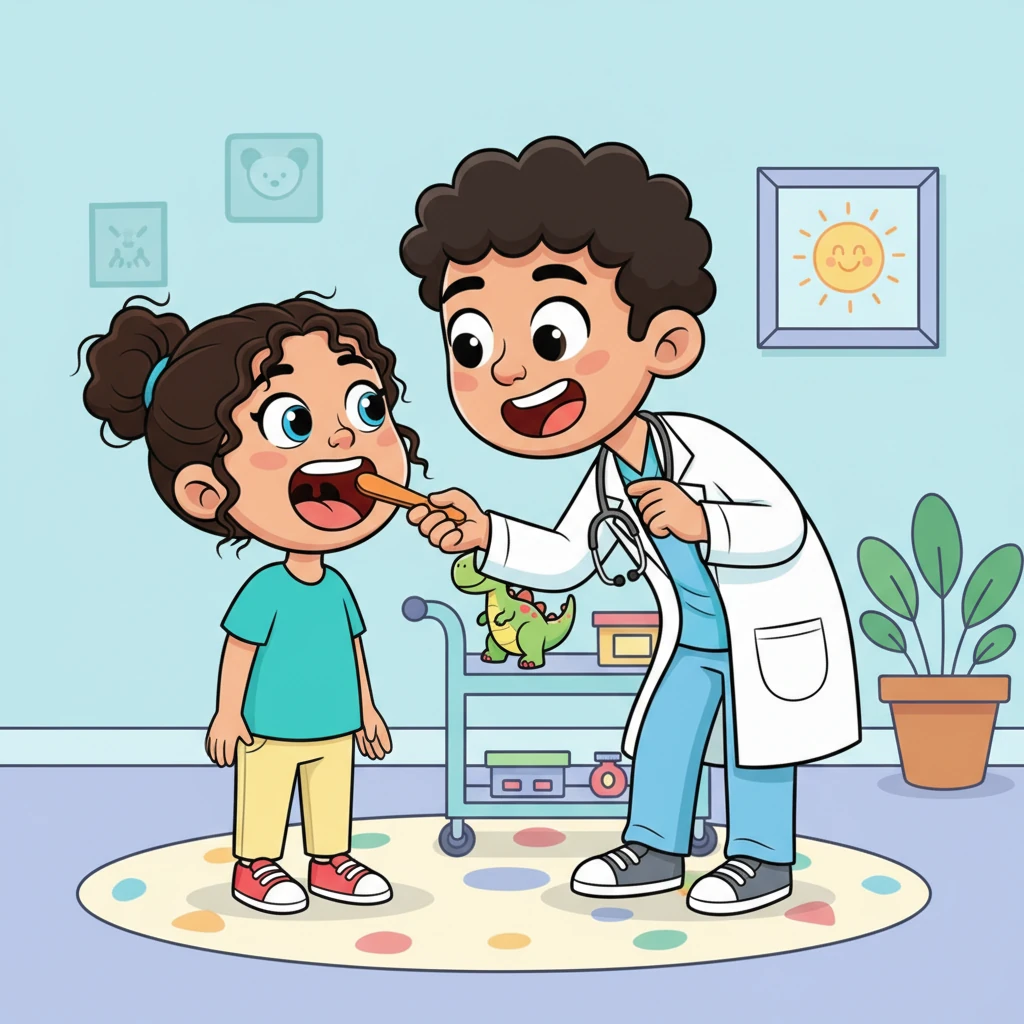 "Open wide, like a brave lion!" Dr. Doodle encouraged, holding up a bright, fruity-smelling tongue depressor. Lily opened her mouth bravely, and Dr. Doodle quickly checked her throat, making a soft "ahh" sound herself. It was quick and not scary at all, just a swift peek.