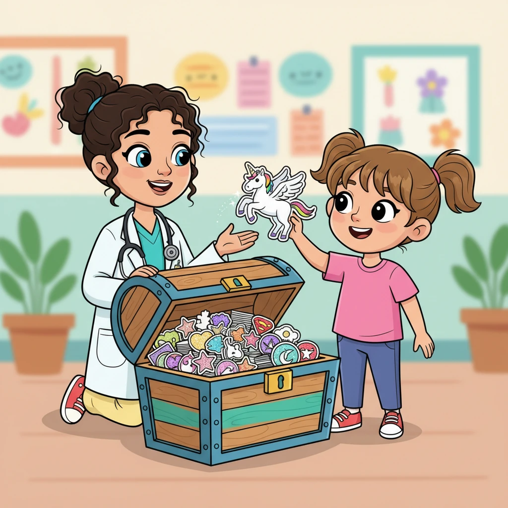 As a special treat for being so brave and cooperative, Dr. Doodle let Lily pick a sparkly sticker from a huge treasure chest filled with colorful options. Lily chose a sticker of a flying unicorn, beaming with pride at her reward.