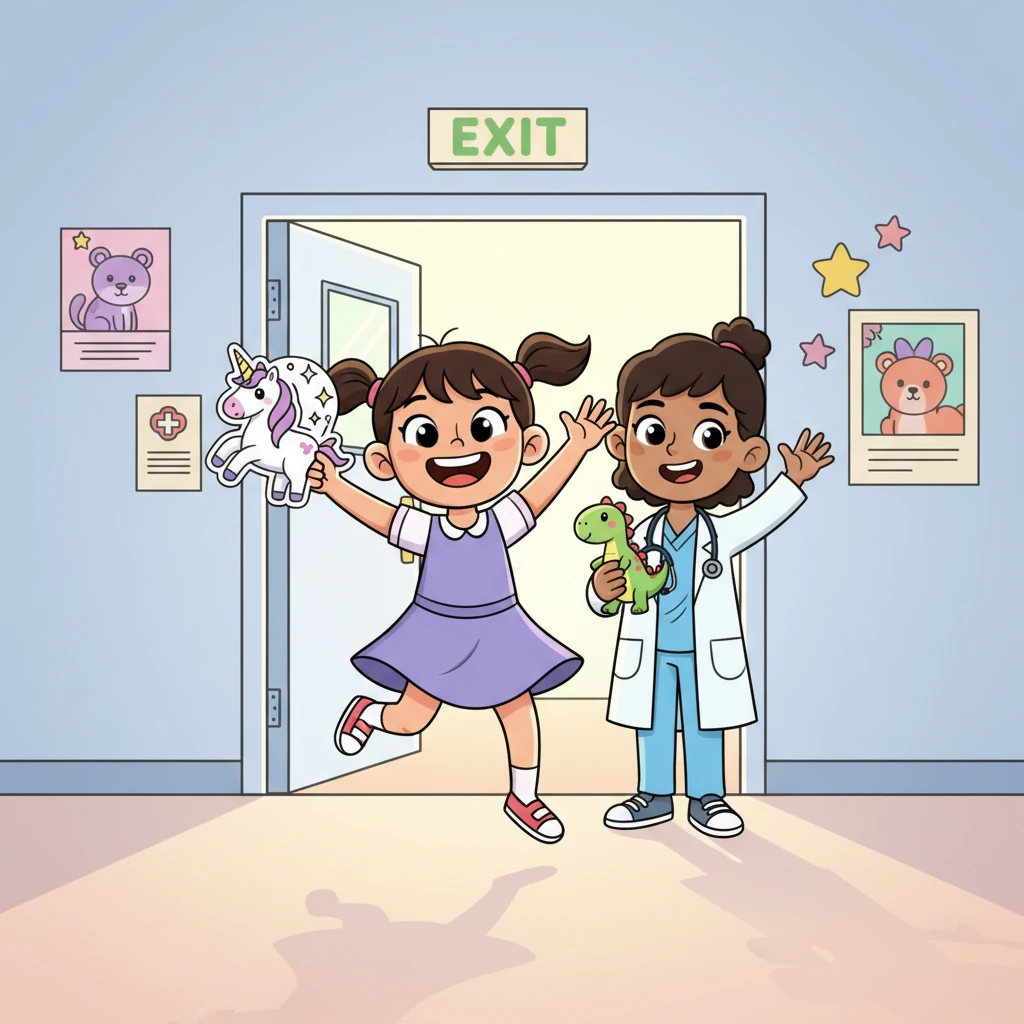Holding her magical unicorn sticker, Lily waved goodbye to Dr. Doodle, feeling much better and not scared of doctors anymore. She skipped out of the office, ready to tell her mom all about her fun and friendly adventure at the doctor's.