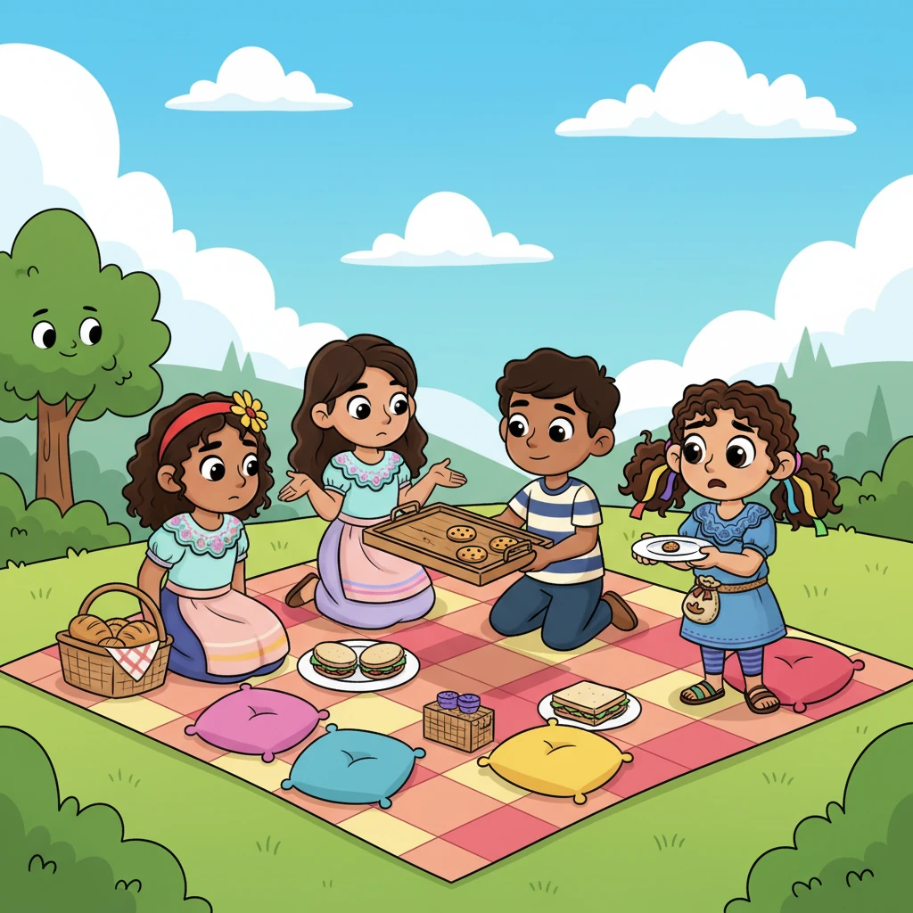 Un día, durante un picnic con otros amigos, llegó la hora del postre: ¡unas galletas deliciosas! Todos se emocionaron, pero a medida que la bandeja pasaba, Vale notó que las últimas galletas eran cada vez más pequeñas. Cuando le tocó a ella, solo quedaba una diminuta migaja.