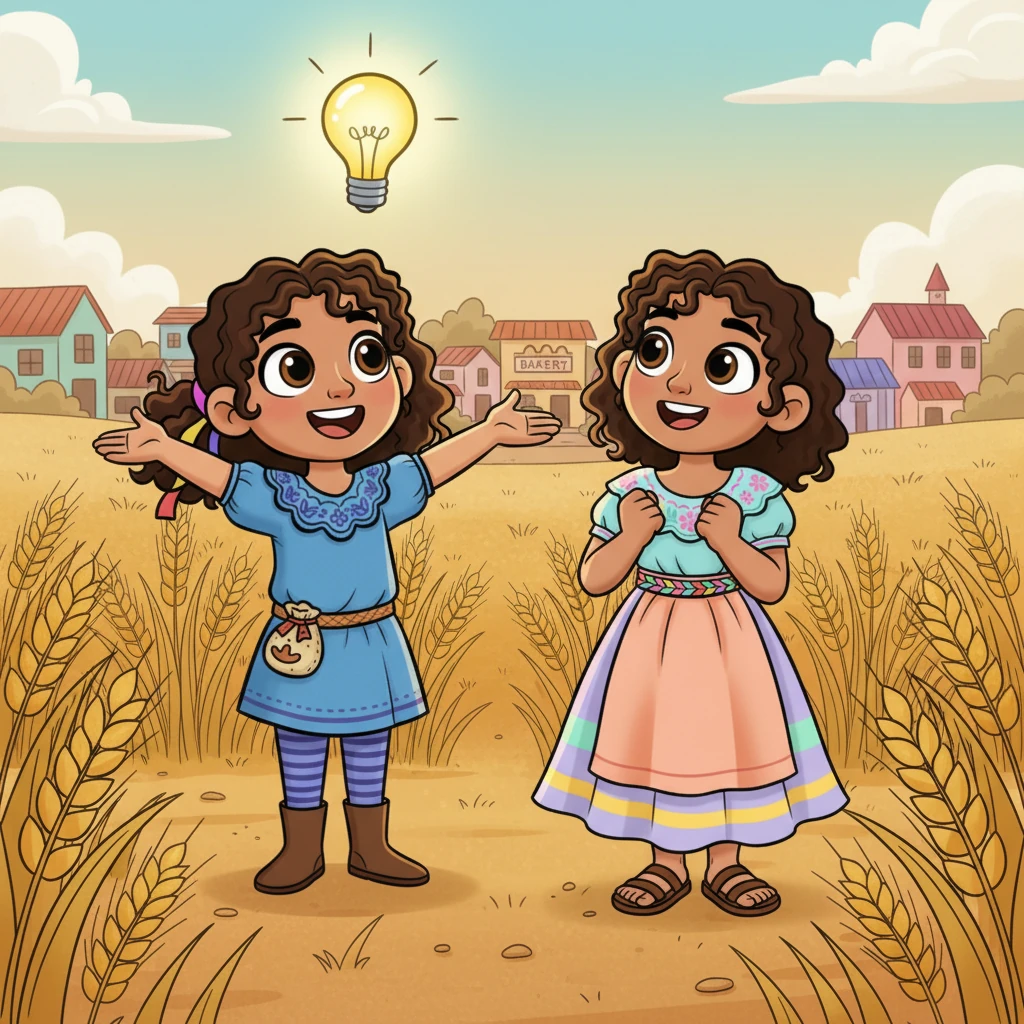 Fue entonces cuando una brillante idea iluminó los ojos de Marlen. '¡Ya sé!', exclamó, '¡Nunca más migajas! ¡Debemos encontrar una manera de que todos tengan una porción justa y grande!'. Vale sonrió, su tristeza se desvaneciendo con la emoción de la nueva misión.