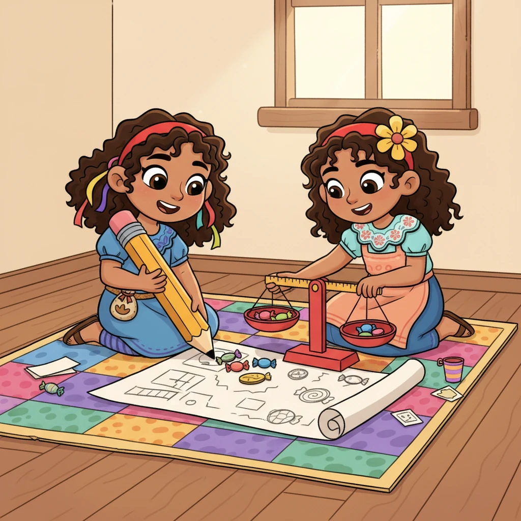 Las dos amigas se pusieron manos a la obra. Dibujaron planos divertidos y experimentaron con diferentes formas de dividir sus dulces. Probaron con una regla, luego con una balanza de juguete, buscando la forma más equitativa y divertida de compartir sus tesoros.