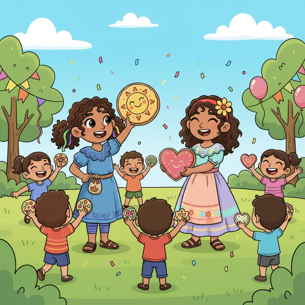 Al día siguiente, organizaron una fiesta de 'No Más Migajas' en el parque. Presentaron sus galletas perfectamente iguales, cada una con un diseño alegre y colorido. La alegría llenó el aire mientras cada amigo recibía una galleta grande y hermosa, sin una sola migaja a la vista.