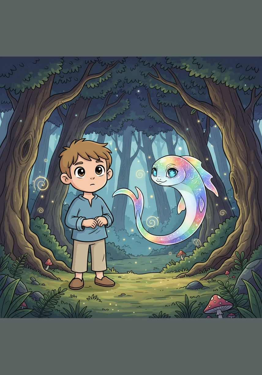 Nodak stood at the edge of the Whispering Woods, where he first spotted the strange, glowing trail of the Silver River. Unlike any stream he had ever seen, its waters shimmered with a soft, bioluminescent light that beckoned him closer.