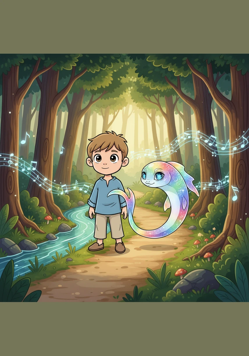 Deep within the forest, the trees began to hum a gentle melody that matched the rhythmic pulsing of the flowing water. Nodak followed the winding path, feeling a sense of peace and curiosity he had never known before.