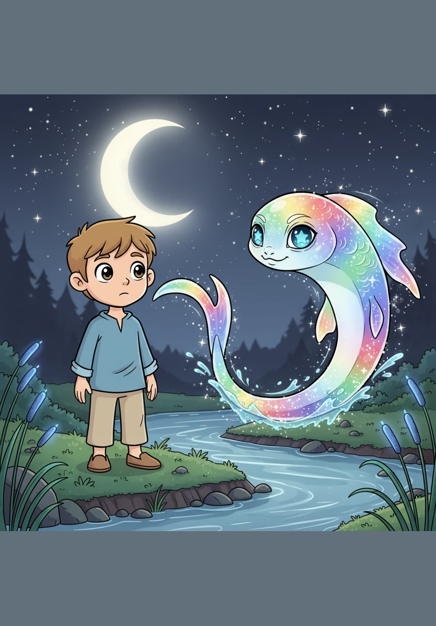 Suddenly, a magnificent fish made of pure starlight leaped from the water, its scales reflecting the colors of the rainbow. The guardian of the river looked at Nodak with ancient, wise eyes, sensing the kindness in his heart.