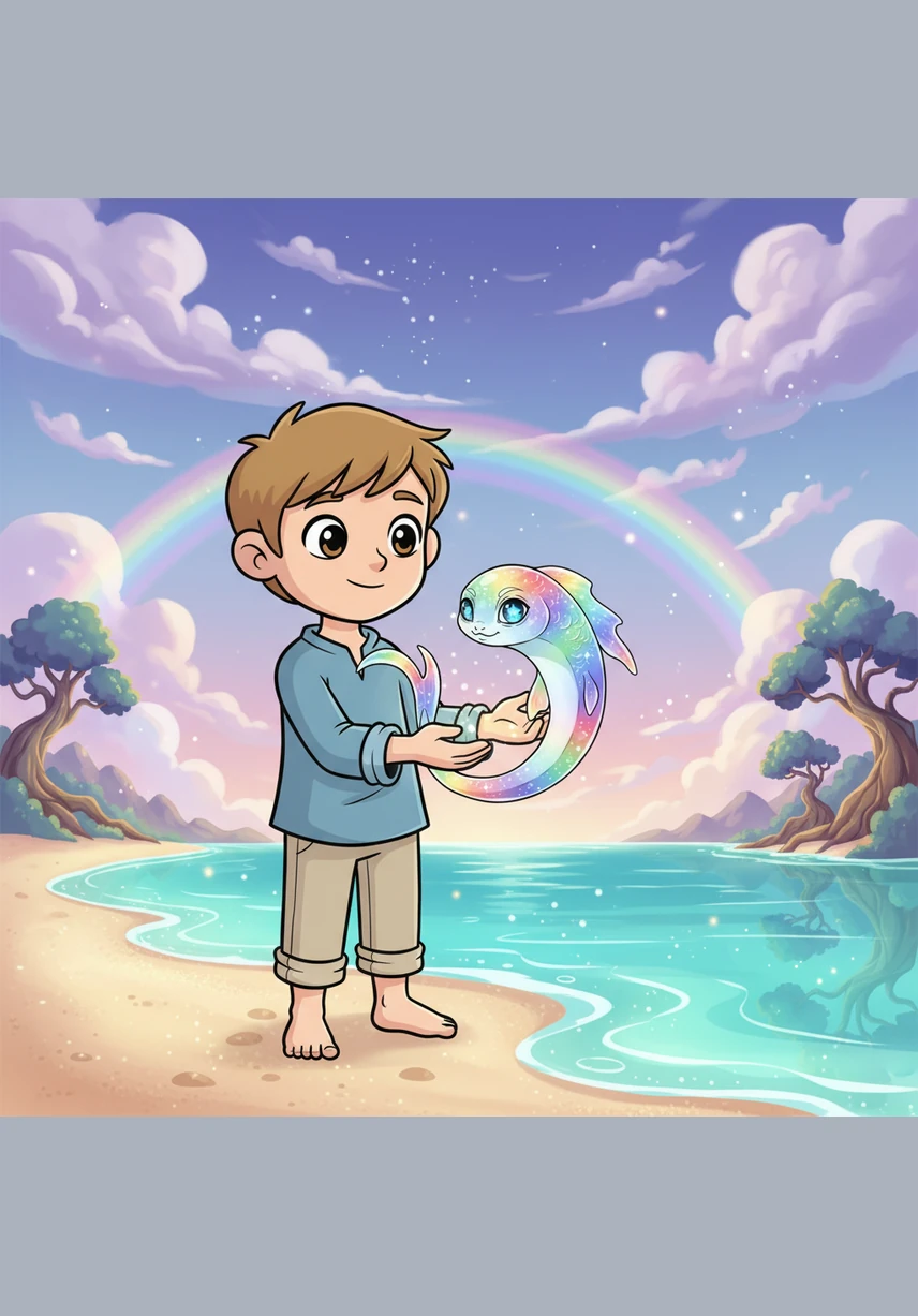 The Star-Fish flicked its tail, and a giant, glowing lily pad drifted to the shore for Nodak to step upon. With a deep breath, he climbed aboard, and the magical leaf began to carry him up the liquid staircase through the trees.