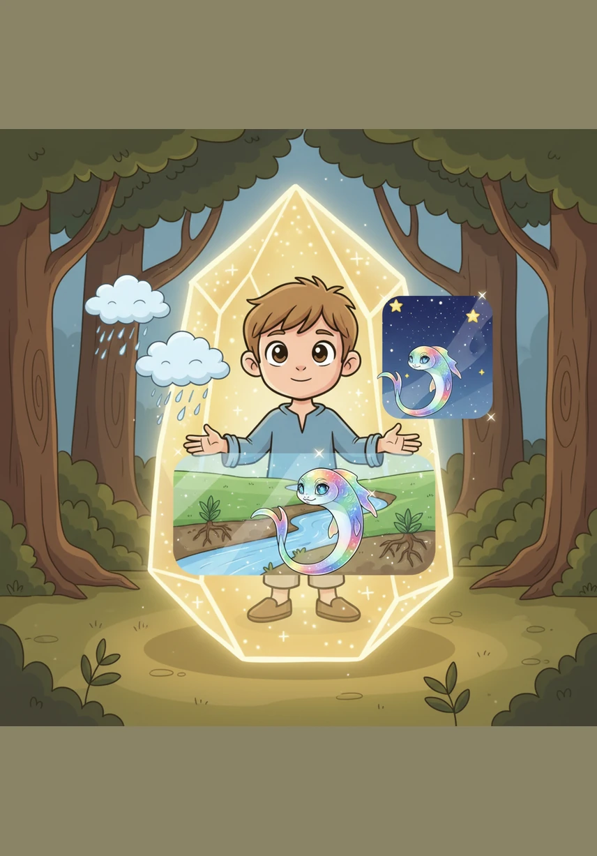 As Nodak approached the crystal, it pulsed with a warm light, showing him visions of how the river nourished the land from the clouds to the roots. He understood that the river was the lifeblood of the world, connecting the earth to the stars.