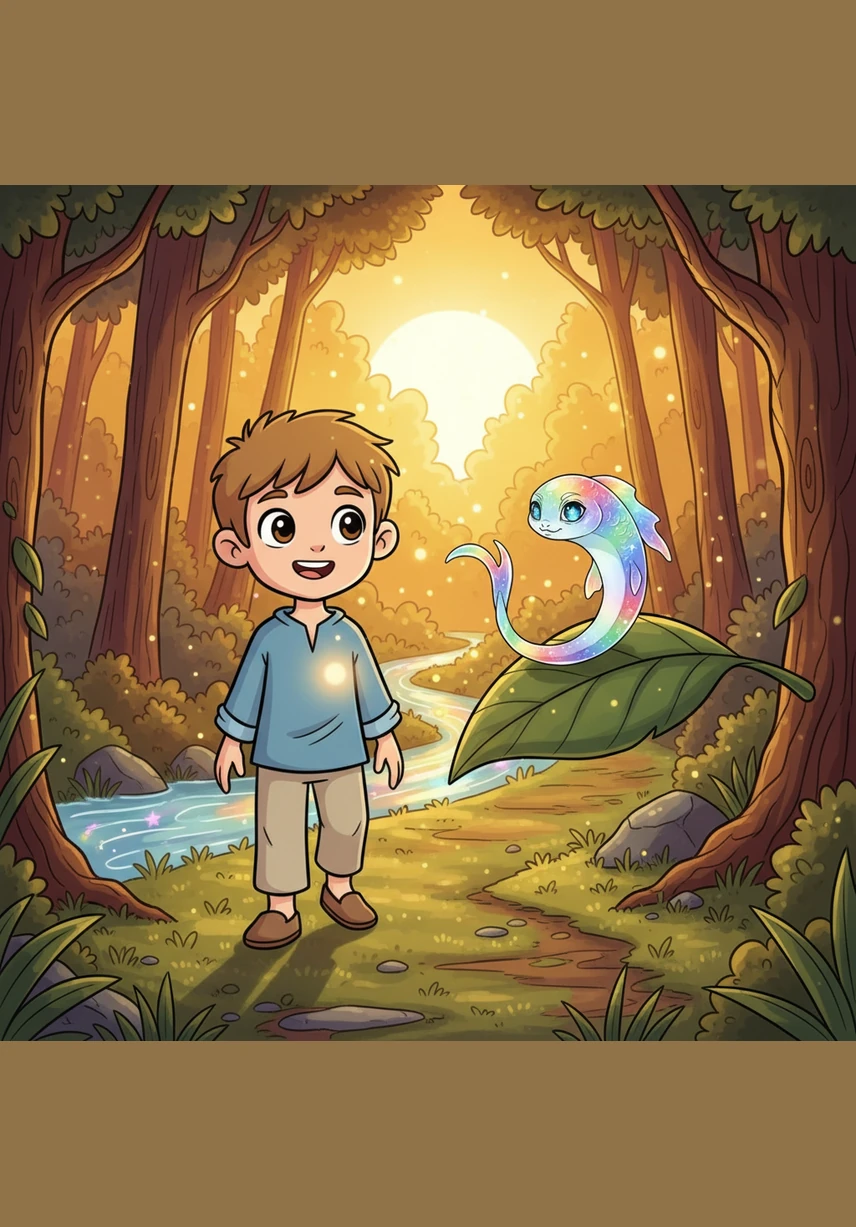 With the balance restored, the leaf gently carried Nodak back to the forest floor as the sun began to set in a blaze of gold. He walked home with a glowing heart, knowing that the Silver River would always be there, hidden and magical.
