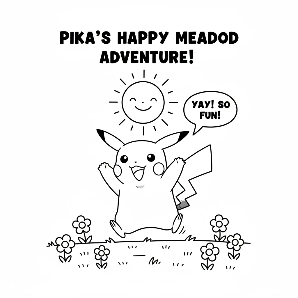 Pika, a cheerful yellow creature, bounced happily in a sunny meadow filled with simple, round flowers. A big, friendly sun shone high above, making th