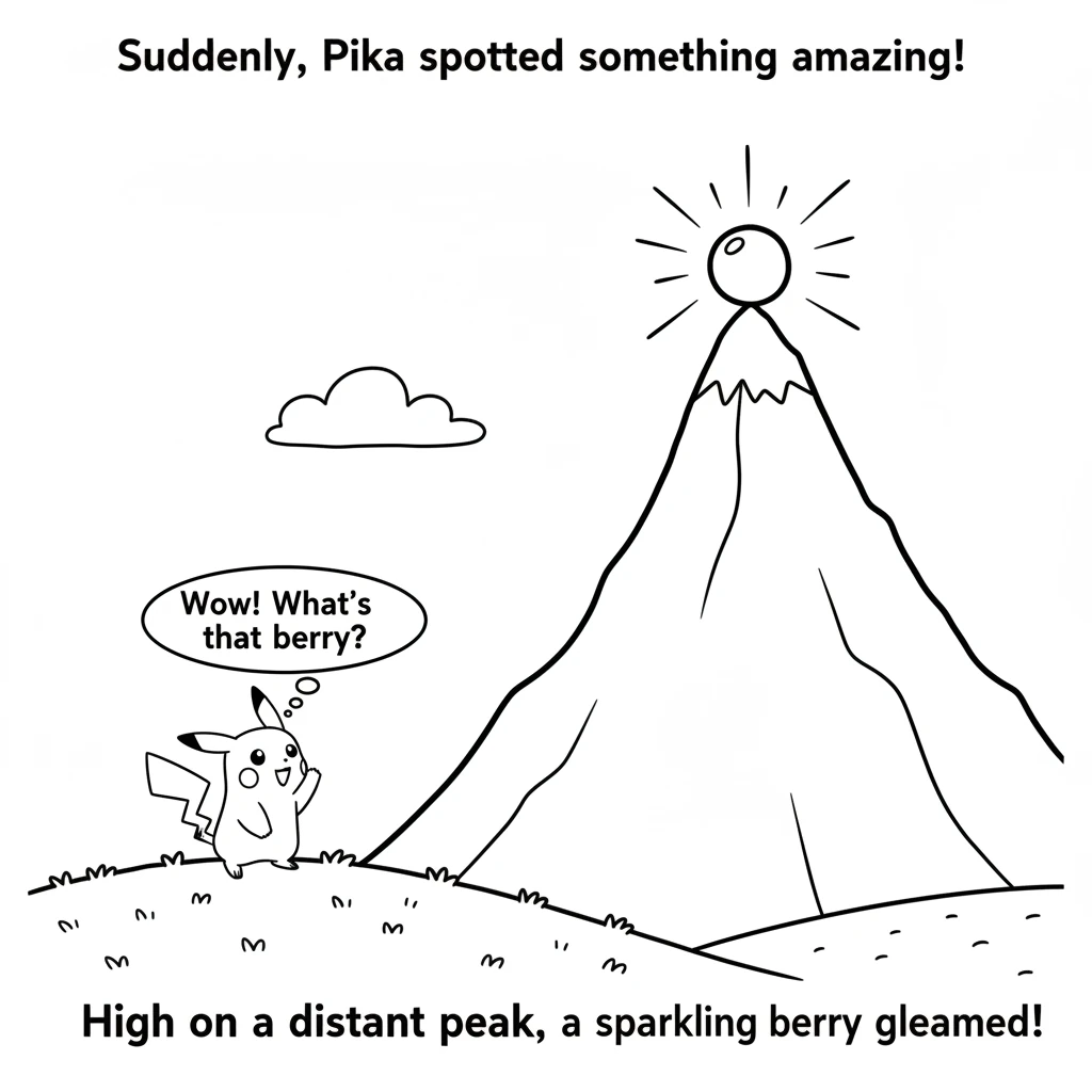 Suddenly, Pika spotted something amazing! High up on a distant, pointy mountain peak, a sparkling, round berry gleamed with a magical glow. It looked