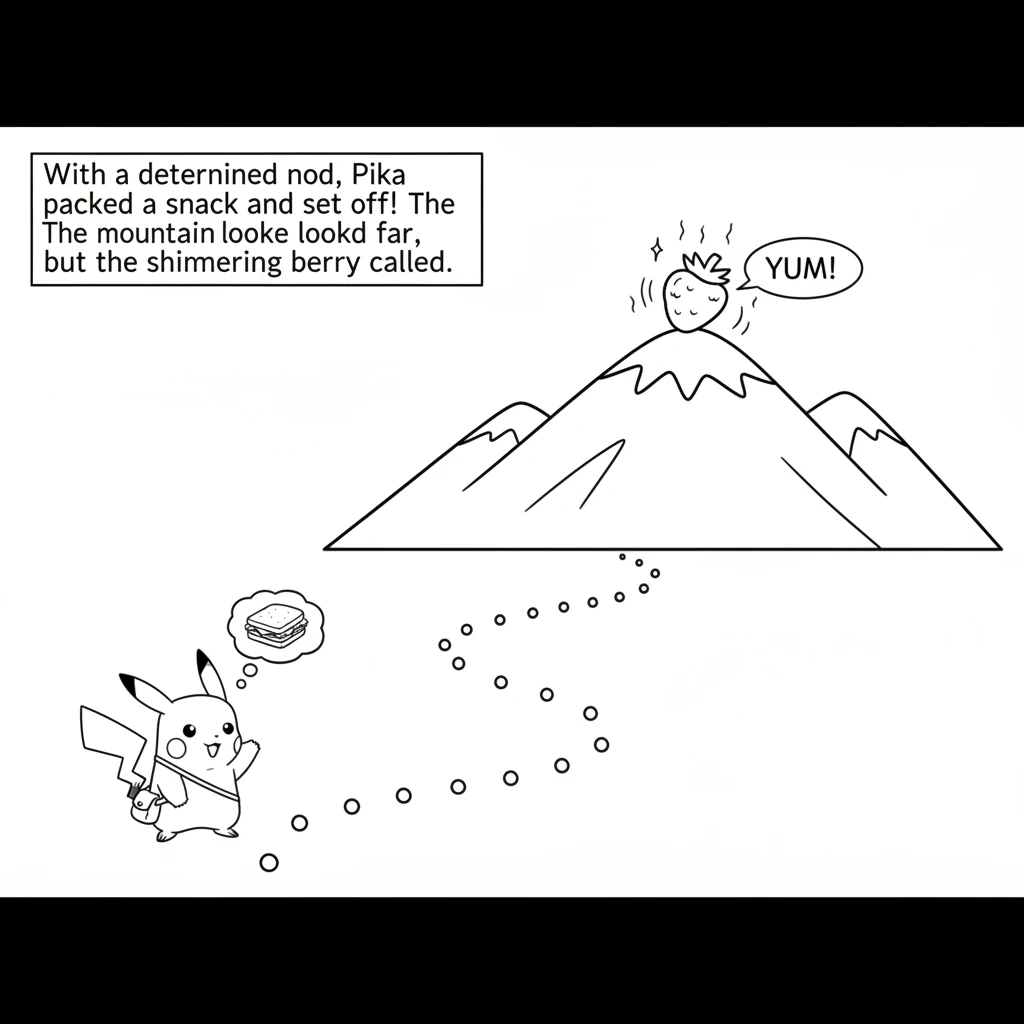 With a determined nod, Pika decided to embark on an adventure. The mountain looked far away, but the shimmering berry called out like a sweet song. Pi