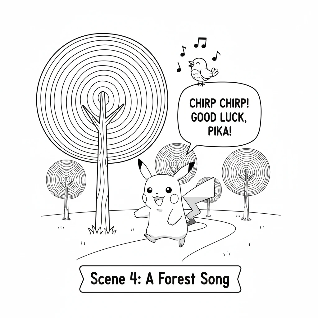 Pika journeyed through a whimsical forest, where tall, simple trees with rounded canopies created soft, dappled shade. A friendly bird with a round bo