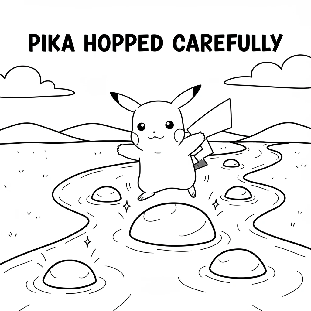 Next, Pika came to a winding stream, its gentle curves flowing over smooth, round stones. Pika carefully hopped from one stone to another, making sure