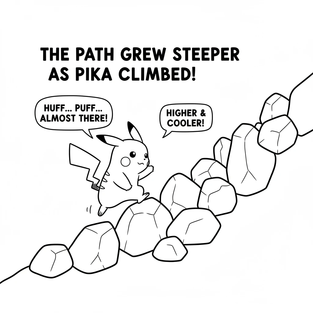 The path grew steeper as Pika began to climb the mountain. Jagged, simple rocks formed a challenging, upward trail, but Pika kept going, one determine