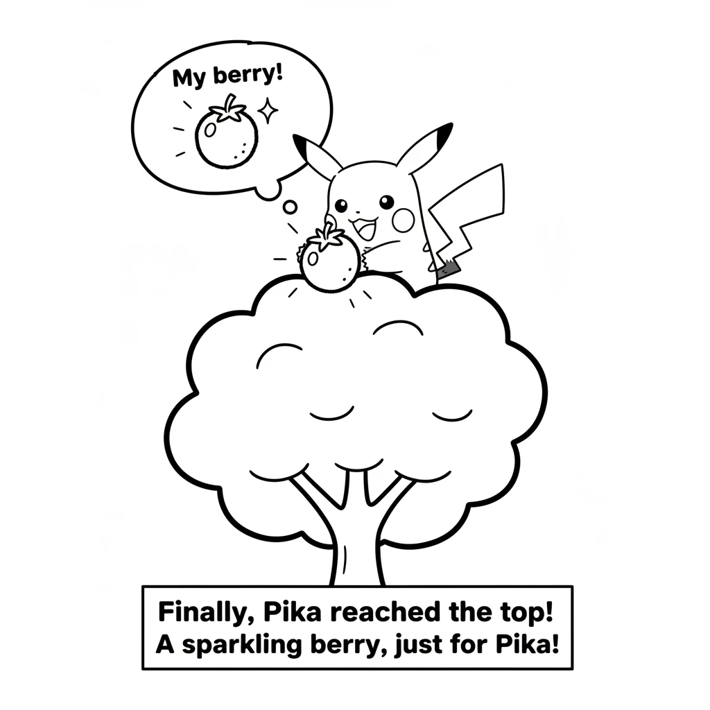 Finally, Pika reached the very top! The sparkling berry was right there, glistening brightly, even more beautiful up close. A big, happy smile spread