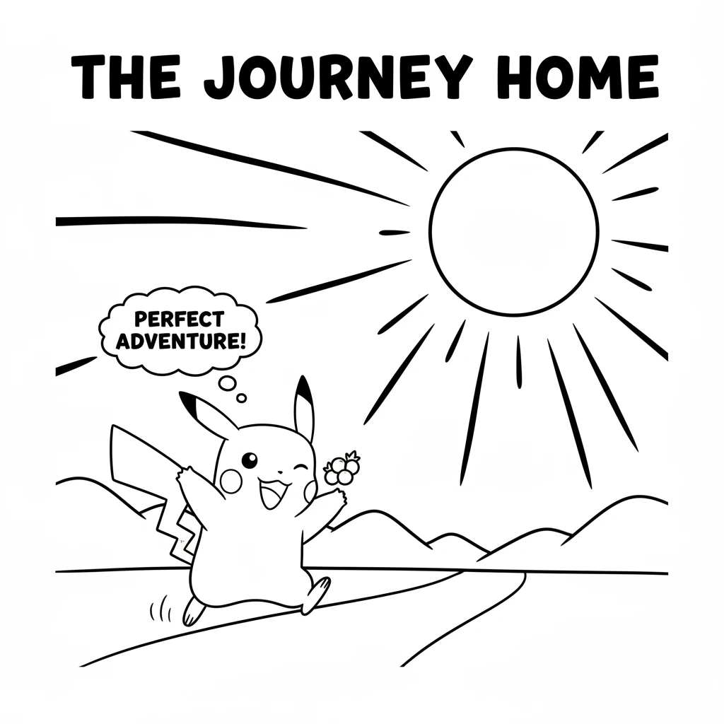 Feeling proud and full of delicious berry, Pika began the journey home. The setting sun, a simple half-circle, painted the sky with soft, sweeping cur