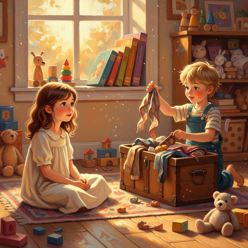 Elara, a girl with bright, curious eyes, watched her brother Finn from across their sun-drenched playroom. Finn, a boy with a heart full of stories, often found wonder in the simplest things, especially old clothes and forgotten trinkets. Their room, a riot of colors and toys, was a stage for their endless games.