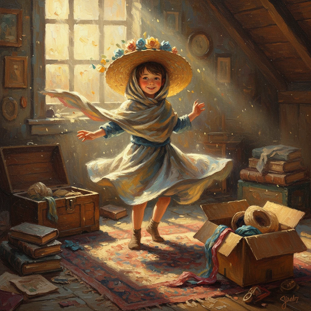 One afternoon, Finn discovered a forgotten box of old scarves and hats in the attic. With a gleam in his eye, he draped a shimmering silk scarf over his head and donned a wide-brimmed hat adorned with faded flowers. He twirled, a vision of whimsical charm, ready for a new role.