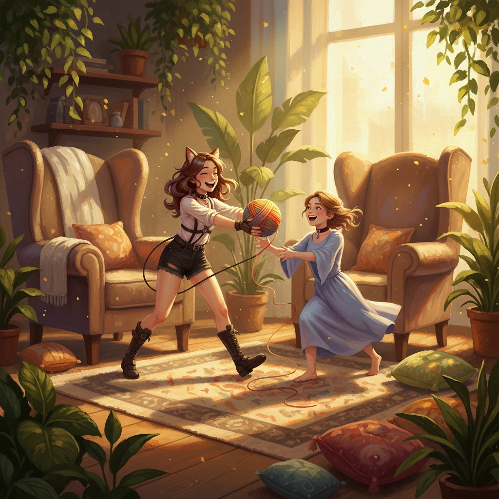 Elara held out a colorful yarn ball, enticing Finn to chase it. They scampered through the 'garden' of their living room, past towering armchairs and under the leafy branches of house plants. Their laughter echoed, light and free, a symphony of pure joy.