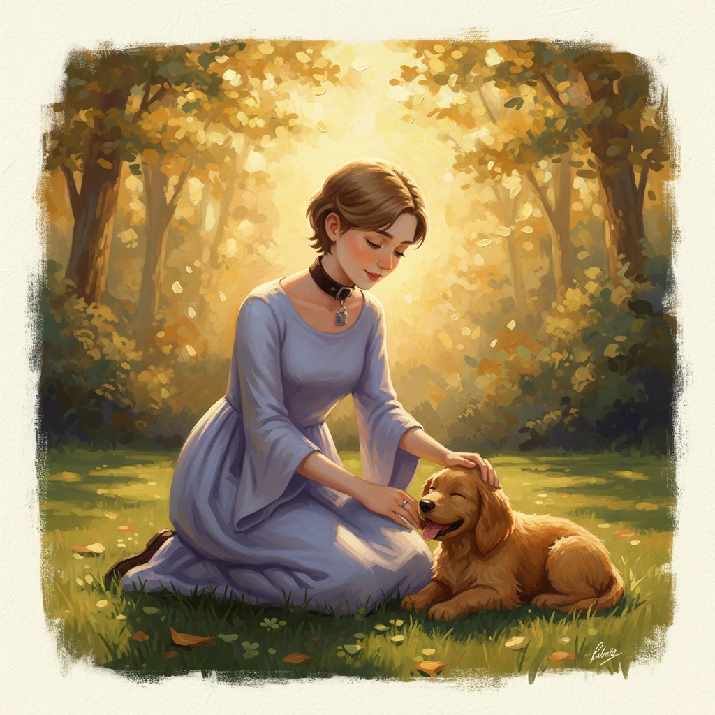 After a joyful romp, Finn, the playful puppy, curled up at Elara’s feet, panting softly. Elara reached down, her fingers gently stroking his hair, pretending to pet his soft fur. He closed his eyes, a picture of contented obedience, cherishing the quiet moment.