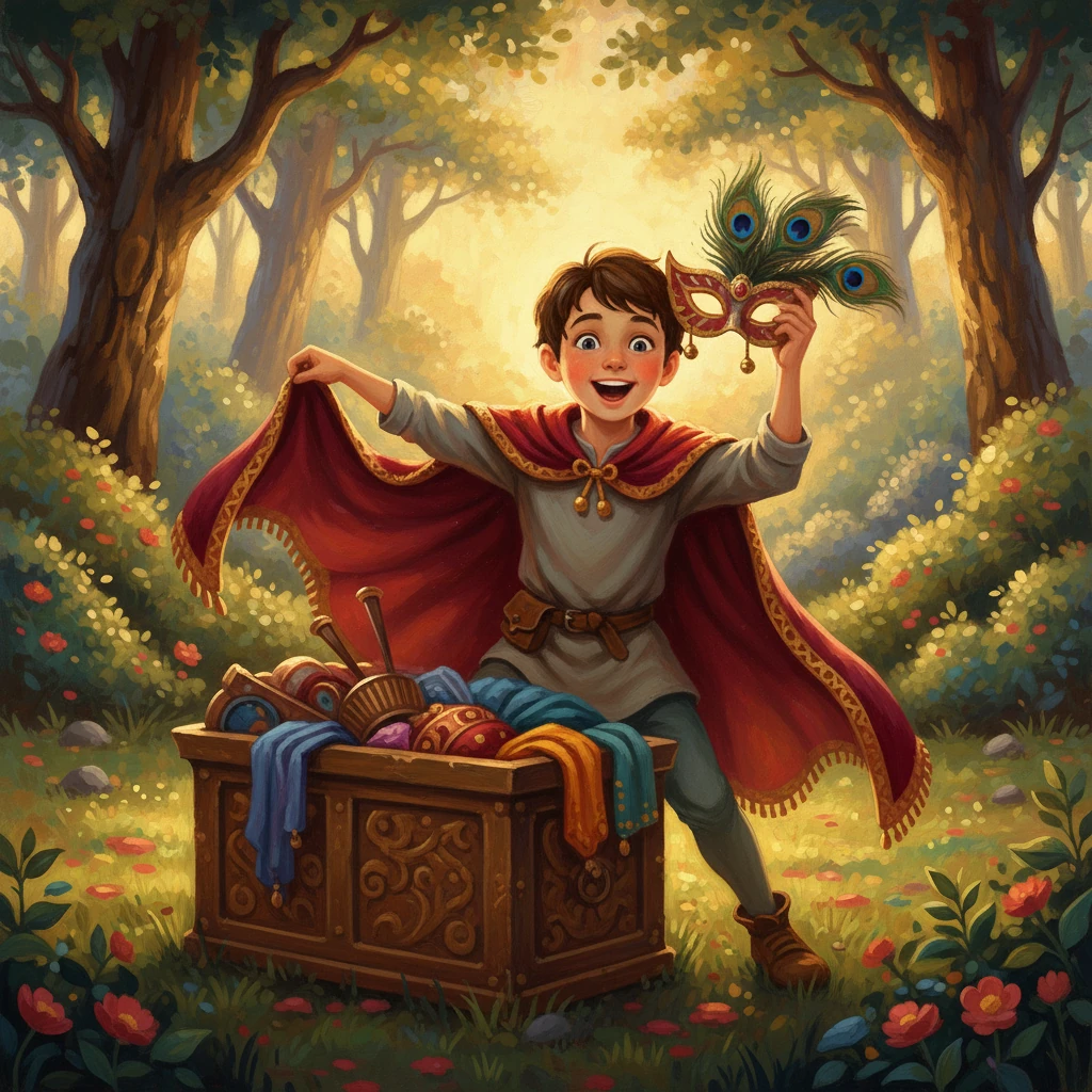 Suddenly, Finn sprang up, his eyes alight with a new idea. He dashed back to the costume box, emerging moments later with a flamboyant cape and a feathered mask. "No more garden pet!" he declared, "Now, I am the mysterious Jester of the Whispering Woods!"
