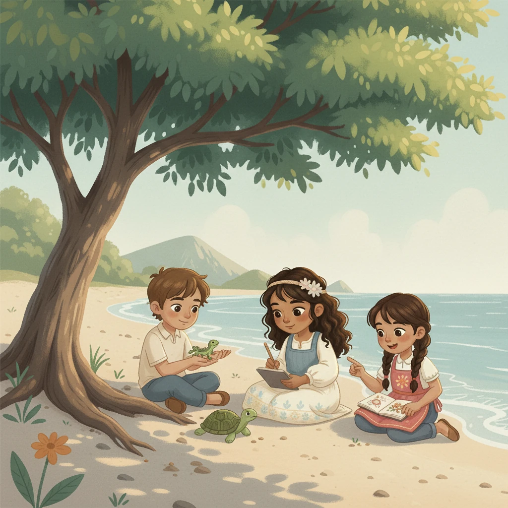 Bajo el gran mango, tres amigos inseparables compartían risas y secretos. María, con su mirada profunda y reflexiva, siempre observaba a las tortugas. Camilo, de sonrisa suave, cuidaba con ternura a cada ser vivo que encontraba. Ximena, ordenada y creativa, anotaba en su cuaderno planes para jugos y ensaladas saludables, siempre pensando en la salud de la naturaleza.