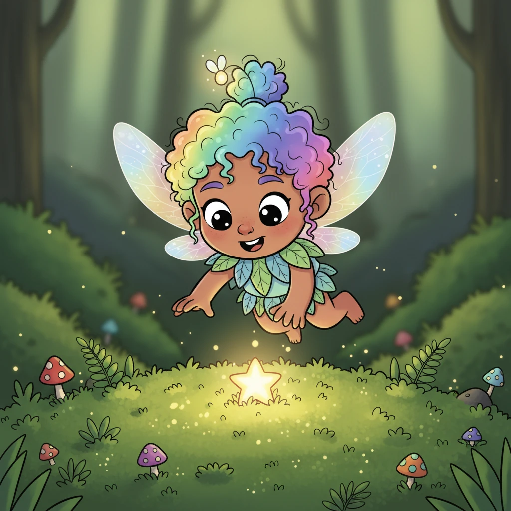 Pip, a small, bubbly sprite with big, curious eyes, discovers a tiny, twinkling star nestled in a soft moss patch. Pip's tiny hands reach out, an expression of pure wonder on their face. The star glows with a gentle, warm light, illuminating the vibrant green moss around it.