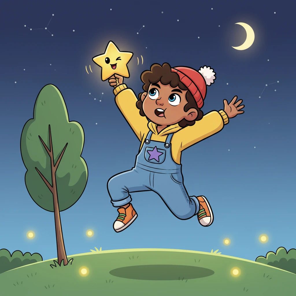 Pip tries to push the star back into the sky, jumping with all their might, but it's too high to reach. The little star winks and giggles softly, bouncing slightly in Pip's grasp. Pip's face shows a funny mix of determination and slight frustration.