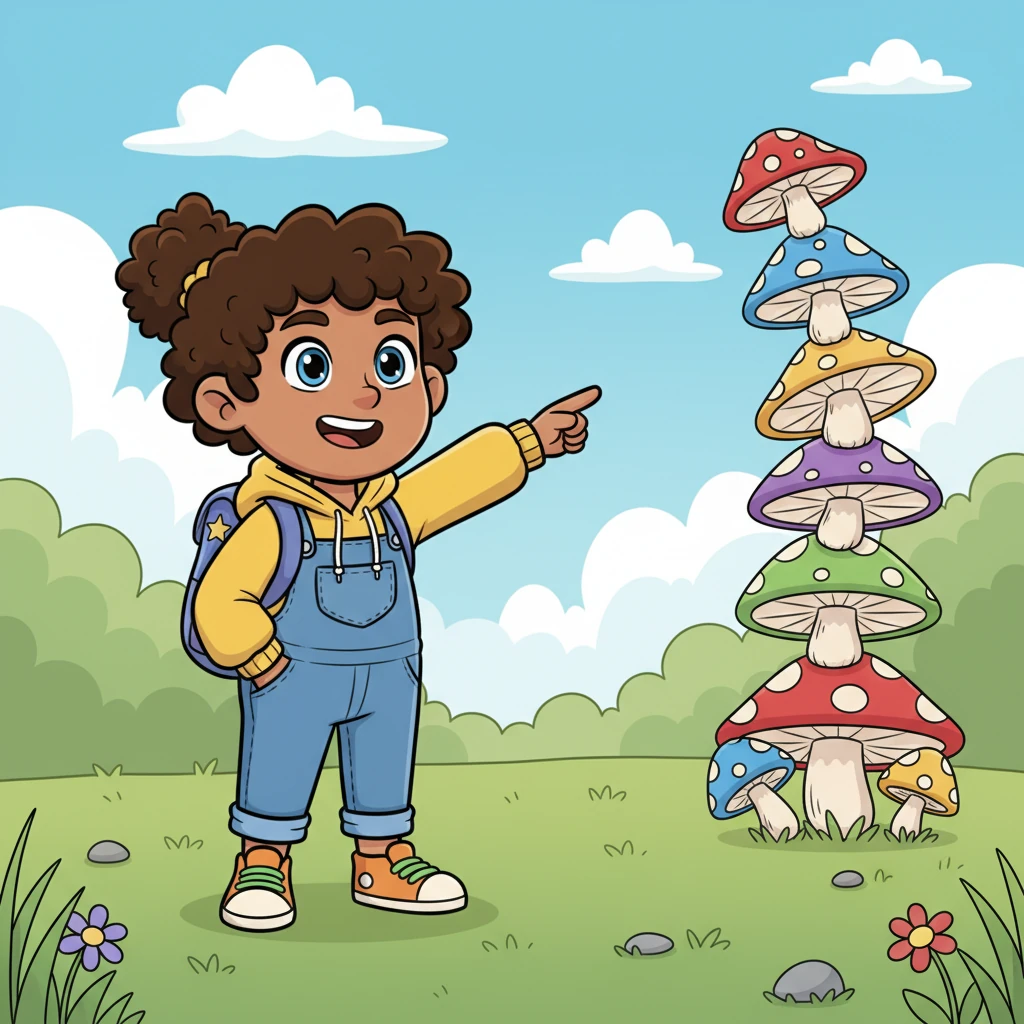 A mischievous spark ignites in Pip's eyes as an idea pops into their head. They spot a tall, wobbly stack of colorful, oversized mushrooms in the distance. Pip points excitedly, a wide grin spreading across their face, ready for a climb.