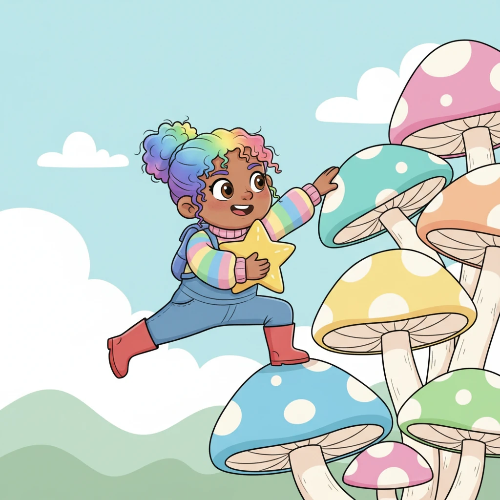 With a determined grin, Pip begins to climb the mushroom tower, carefully cradling the star with one hand. Each mushroom cap is a different cheerful color, providing bouncy steps. Pip stretches and reaches, their small body showing surprising agility.