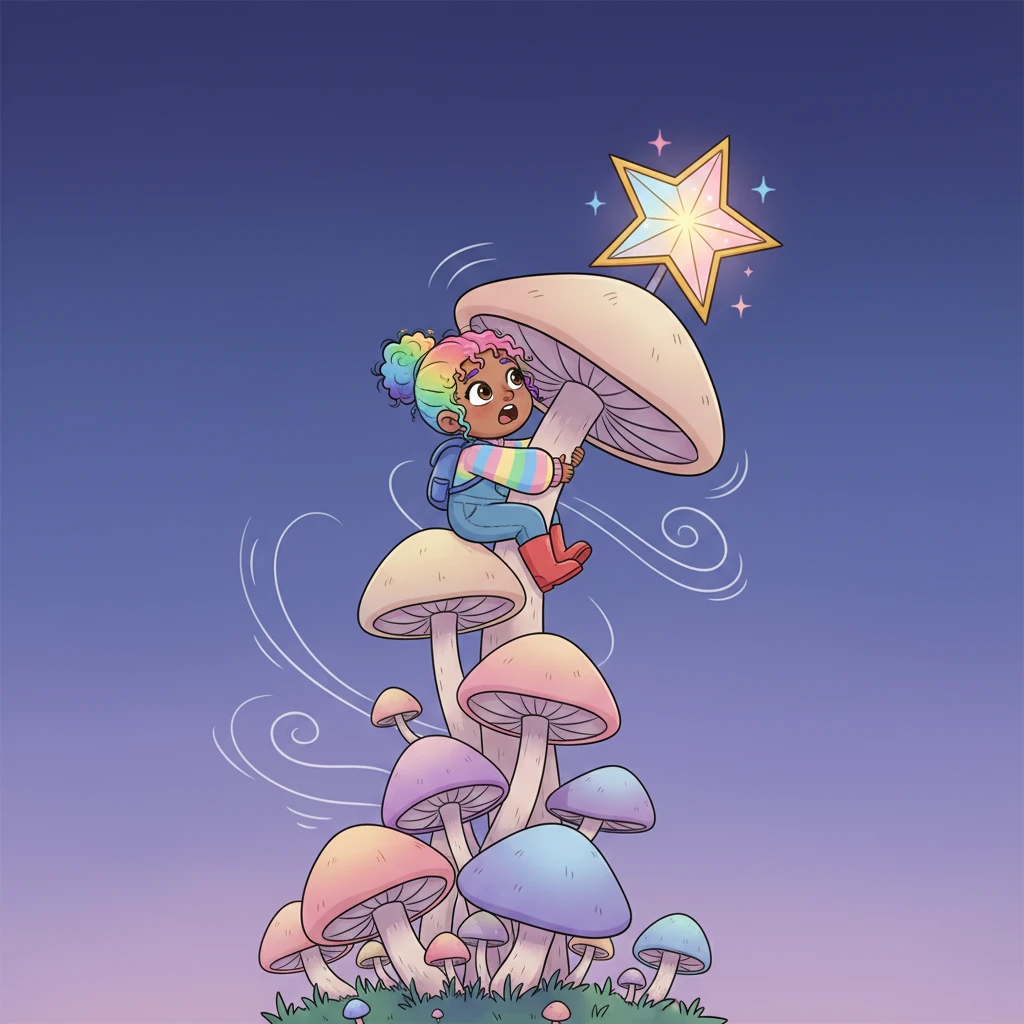 Reaching the very top, Pip gasps as they realize the sky is still too far away, a vast expanse of twilight blue. A gentle, playful breeze almost tips the wobbly mushroom tower, making Pip cling on with wide, worried eyes. The star wobbles precariously but still twinkles.