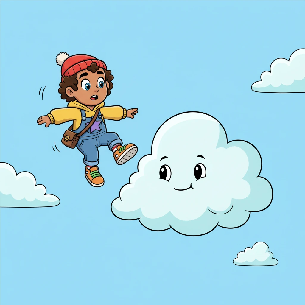 Just then, a friendly, fluffy cloud drifts by, its edges soft and round like cotton candy. Noticing Pip's predicament, the cloud lowers itself with a gentle, inviting smile, creating a soft landing. Pip's eyes light up with renewed hope.