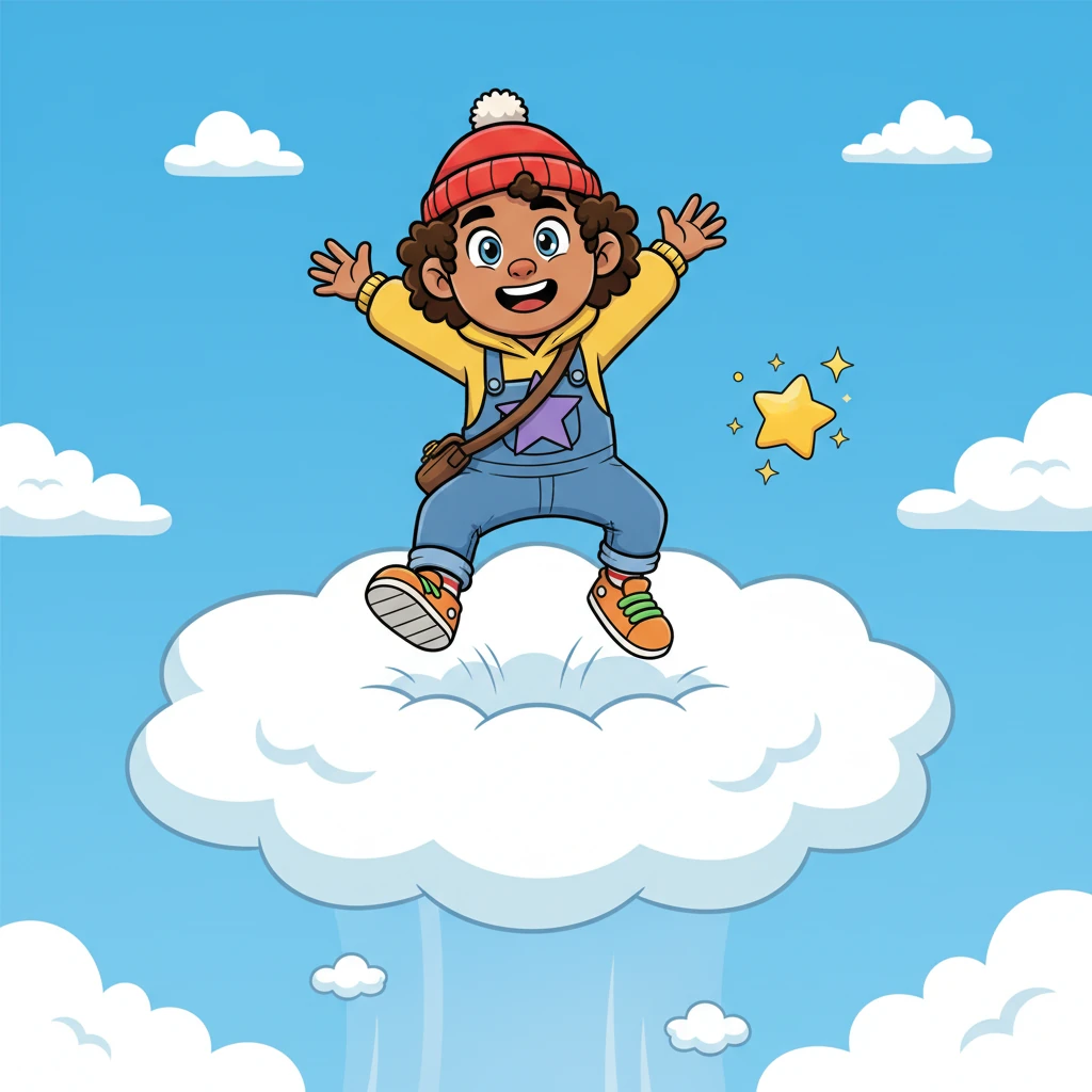 With a joyous leap and a triumphant cheer, Pip bounces onto the cloud, which bobs gently like a trampoline. The star floats safely beside them as the cloud begins to float higher and higher. Pip's arms are outstretched in pure delight.