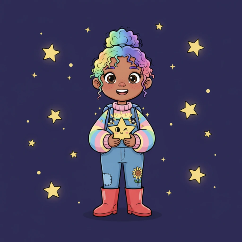 Now much closer to the other twinkling stars, Pip holds up the little star with both hands, a proud smile on their face. The lost star winks happily, sending out tiny sparkles, as its celestial friends shimmer in recognition. The sky is a deep, magical indigo.