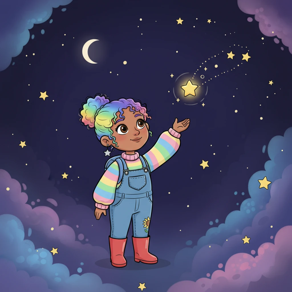With a soft *POP!* and a final happy twinkle, the little star gently floats away from Pip's grasp. It gracefully rejoins its sparkling constellation, becoming one with the cosmic dance. Pip watches, a sweet smile on their face, feeling warmth in their heart.