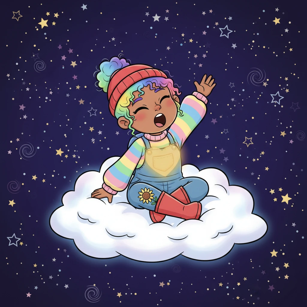 Pip waves goodbye from the soft cloud, feeling a warm glow in their heart, knowing they helped a friend. The night sky twinkles brighter than ever, a magnificent tapestry of light, all thanks to Pip's kindness. Pip yawns a contented yawn, ready for a restful sleep.