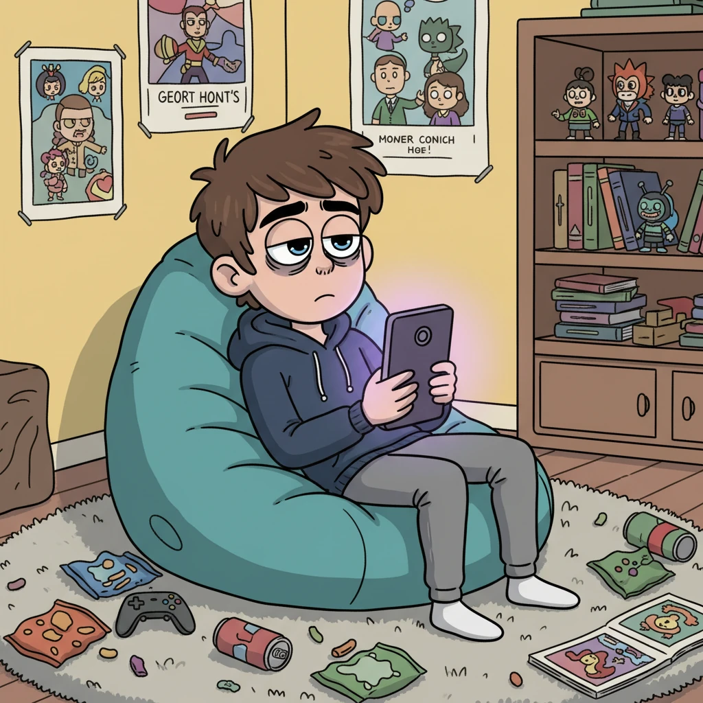 A vibrant cartoon illustration of Leo, a 19-year-old with exaggerated, tired but hopeful eyes, slumped on a beanbag chair in a messy, cozy room. His face is brightly lit by the glow of his oversized smartphone, which is comically large in his hands. Bold, clean outlines define his relaxed posture and the playful clutter of gaming controllers and snack wrappers around him. Bright, cheerful colors fill the room, but a subtle, soft purple hue emanates from the phone, hinting at the late hour.