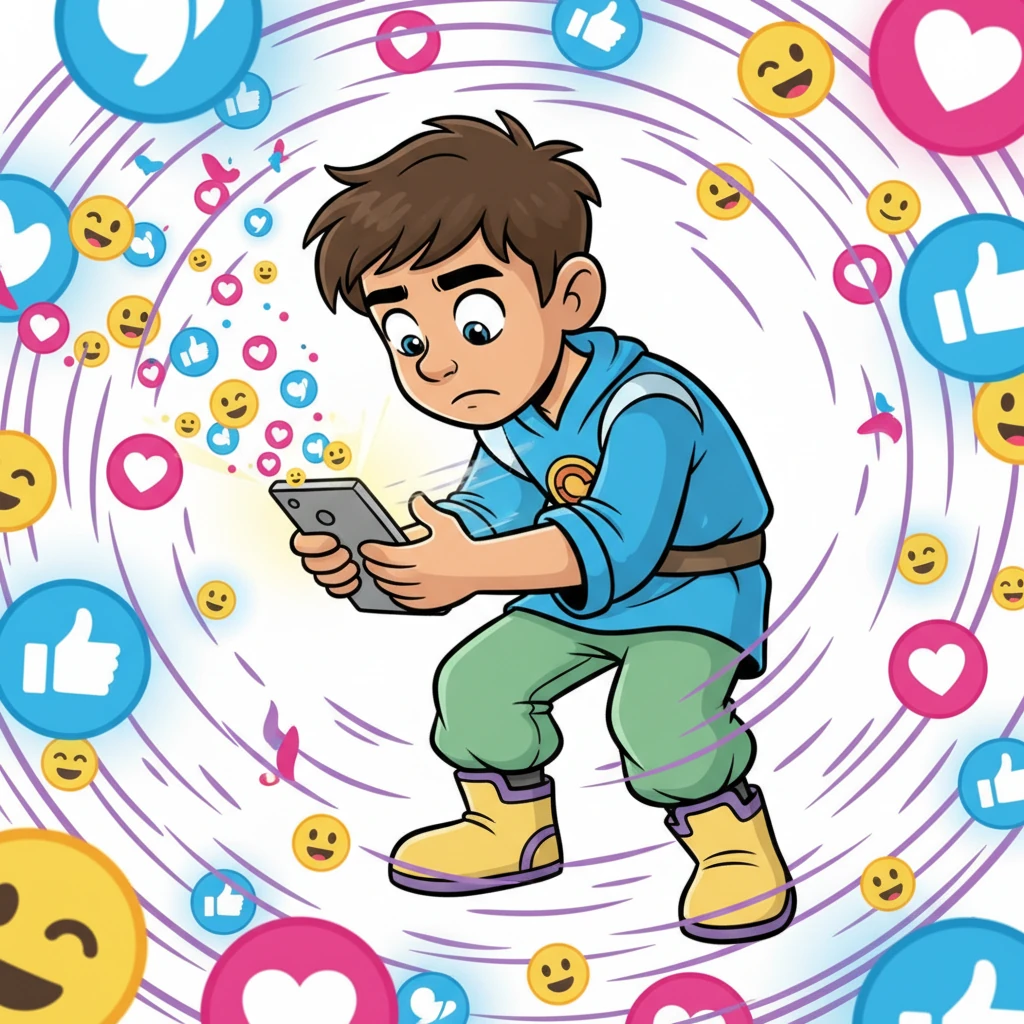 A dynamic illustration showing Leo in a slightly different pose, perhaps leaning forward, eyes wide and fixed on his phone. His thumb is a streak of motion across the screen. The background is a swirling vortex of bright, cartoonish social media icons and notifications, pulling him in. His expression is a mix of intense focus and underlying fatigue, with a small, almost imperceptible frown. The colors are still cheerful but with a slight desaturated feel around him, contrasting with the vibrant screen.