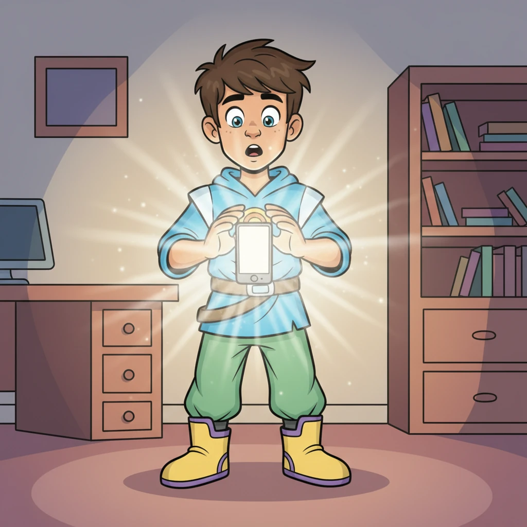 Leo's eyes are wide open, hands frozen in mid-air above his phone, which is now glowing intensely with a soft, ethereal light. The screen is a brilliant, shimmering white, with no apps or feeds visible. His mouth is slightly agape in surprise, and his hair is playfully askew. The room around him is cast in the strange, pulsing glow, creating exaggerated shadows. The lines are smooth and flowing, emphasizing the magical moment.