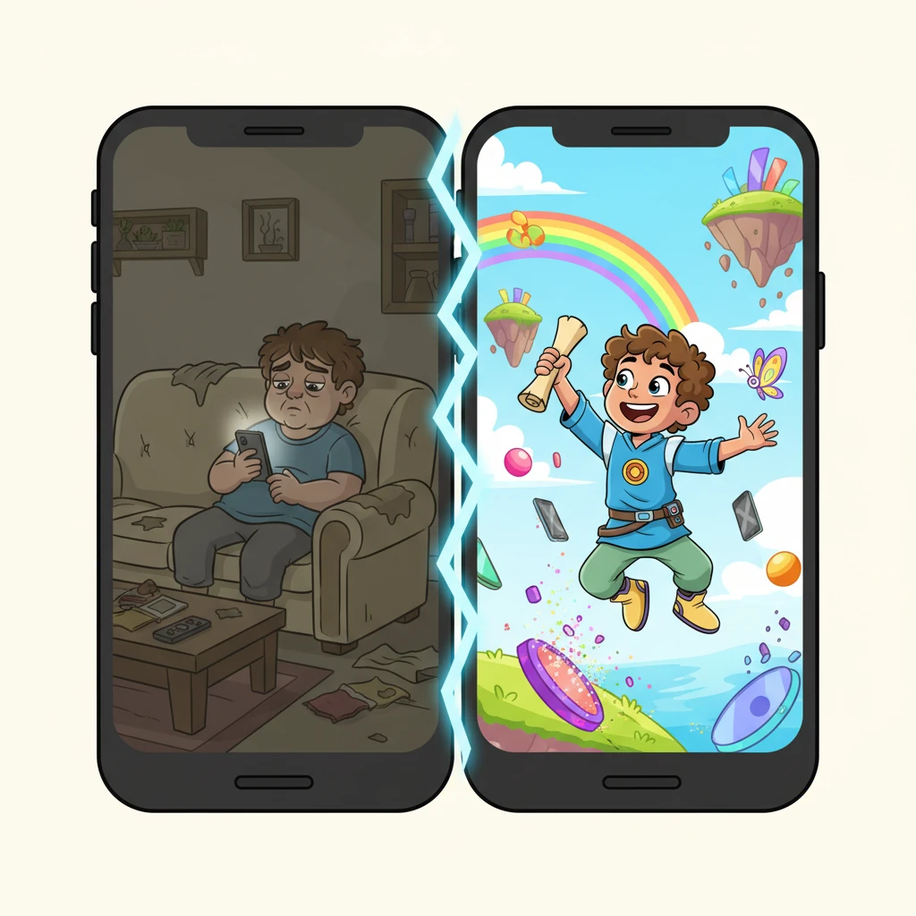 The oversized smartphone screen is now vividly split. On the left side, a cartoon illustration shows "Future Leo 1": an older, slightly heavier version of Leo, still slumped on a couch, eyes glazed over, staring at a slightly smaller, yet still prominent, phone. The room is duller, with muted, desaturated colors, hinting at stagnation. This Leo has a perpetually tired expression and simplified, less vibrant features. The lines are still bold, but the overall feel is less dynamic, more static.