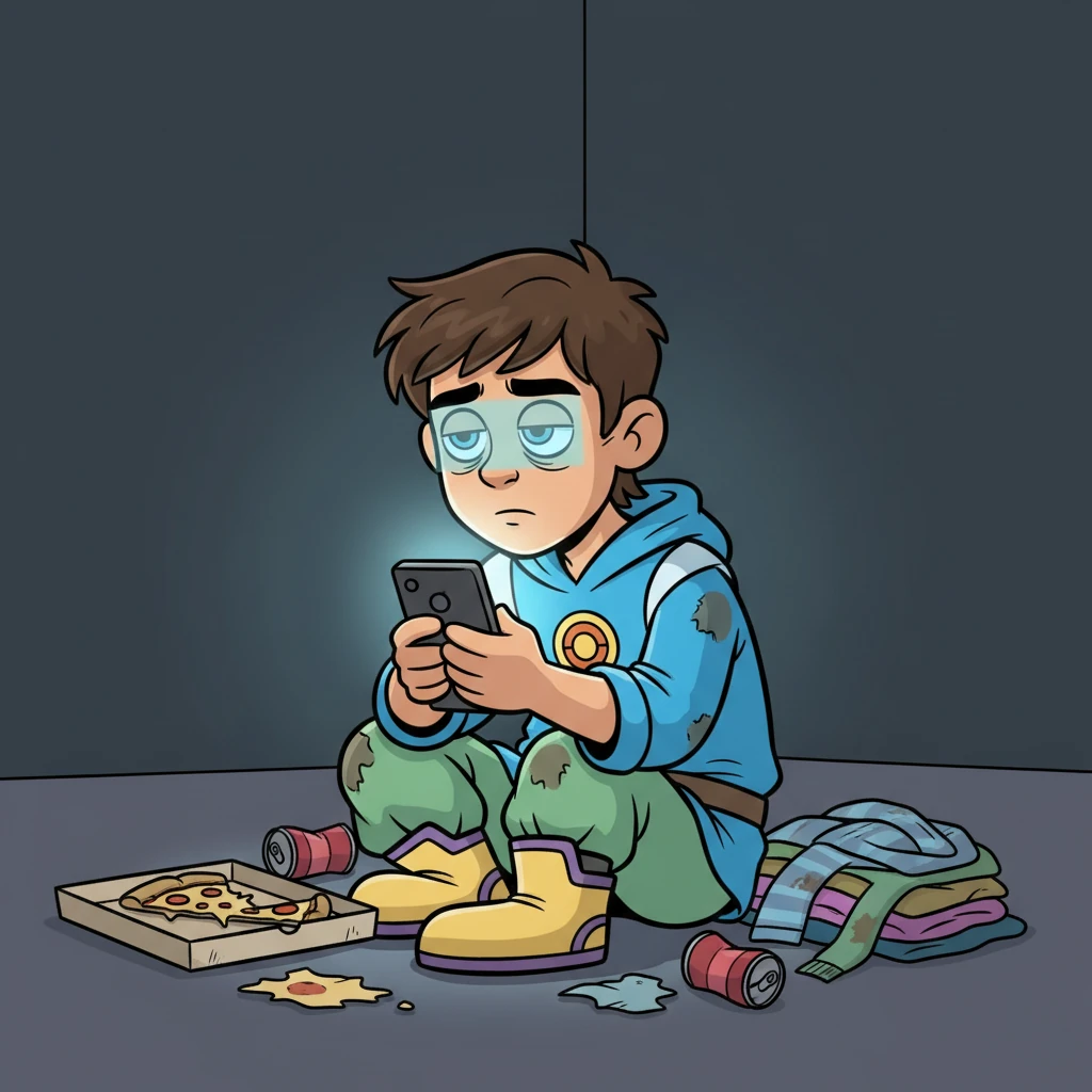 A close-up on the left side of the split screen, showing "Future Leo 1" in more detail. He's surrounded by generic, unkempt items – a half-eaten pizza box, discarded clothes – all rendered in muted, slightly grimy colors. His posture is slouched, and his eyes are vacant, reflecting the endless scroll. The exaggerated proportions make his slumped shoulders seem even more defeated.